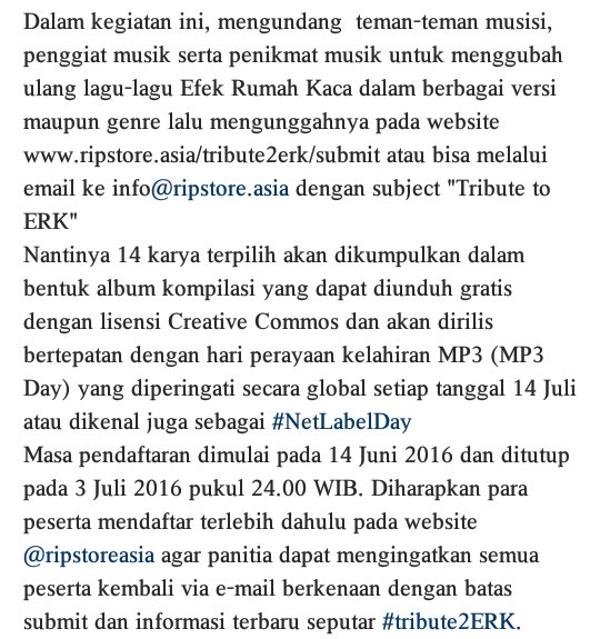 Teman-teman, sudah ikutan #coversongchallenge #tribute2ERK? Inisiasi dari <a href="/Ripstore/">RIP Store</a> dalam rangka #MP3day tgl 14 Juli