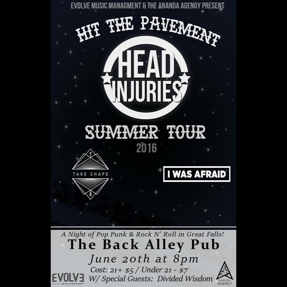 HeadInjuries's tweet photo. TONIGHT - Great Falls, MT with @IWasAfraid at The Back Alley Pub!

#HitThePavementTour. https://t.co/av5ZhutYiZ