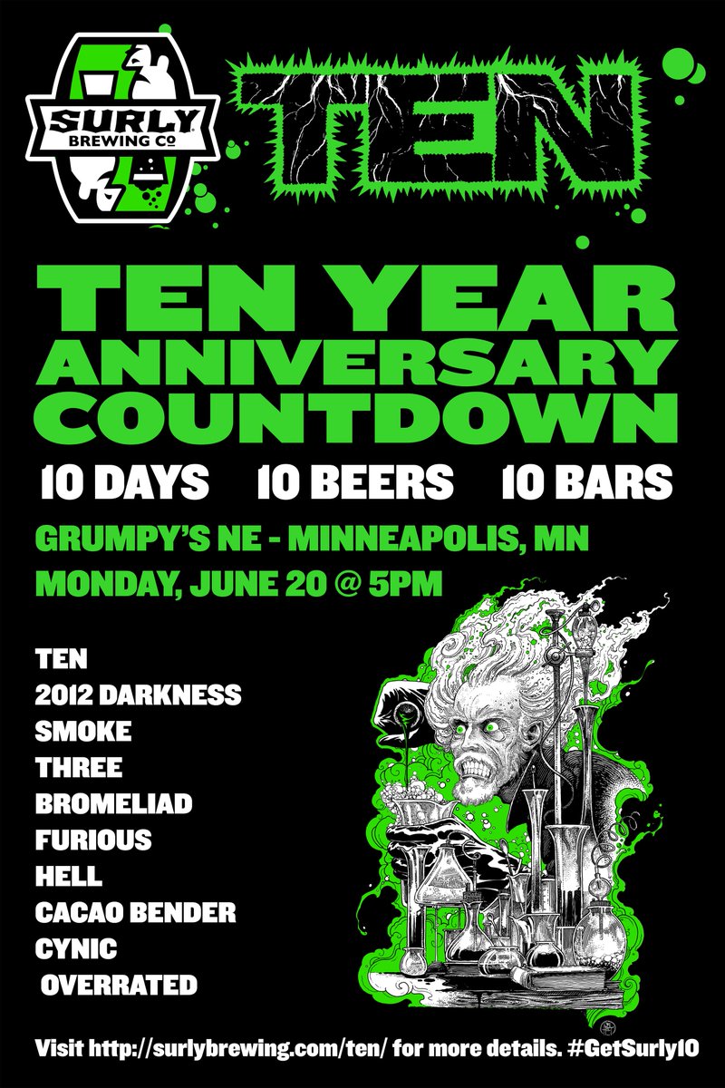 surlybrewing's tweet photo. We're celebrating 10 years with 10 beers including our anniversary ale #TEN tonight at @GrumpysNE. https://t.co/UzlysM2KpW