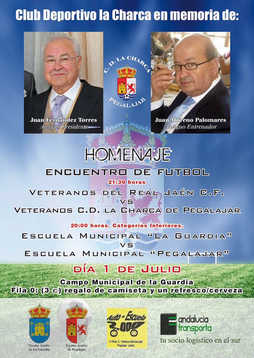 cdcharca's tweet photo. El dia 1 Julio partido homenaje a Juan Moreno Palomares y Juan Fernández Torres "Rucho" contra Real Jaén veteranos https://t.co/IfD9Bv5Vst