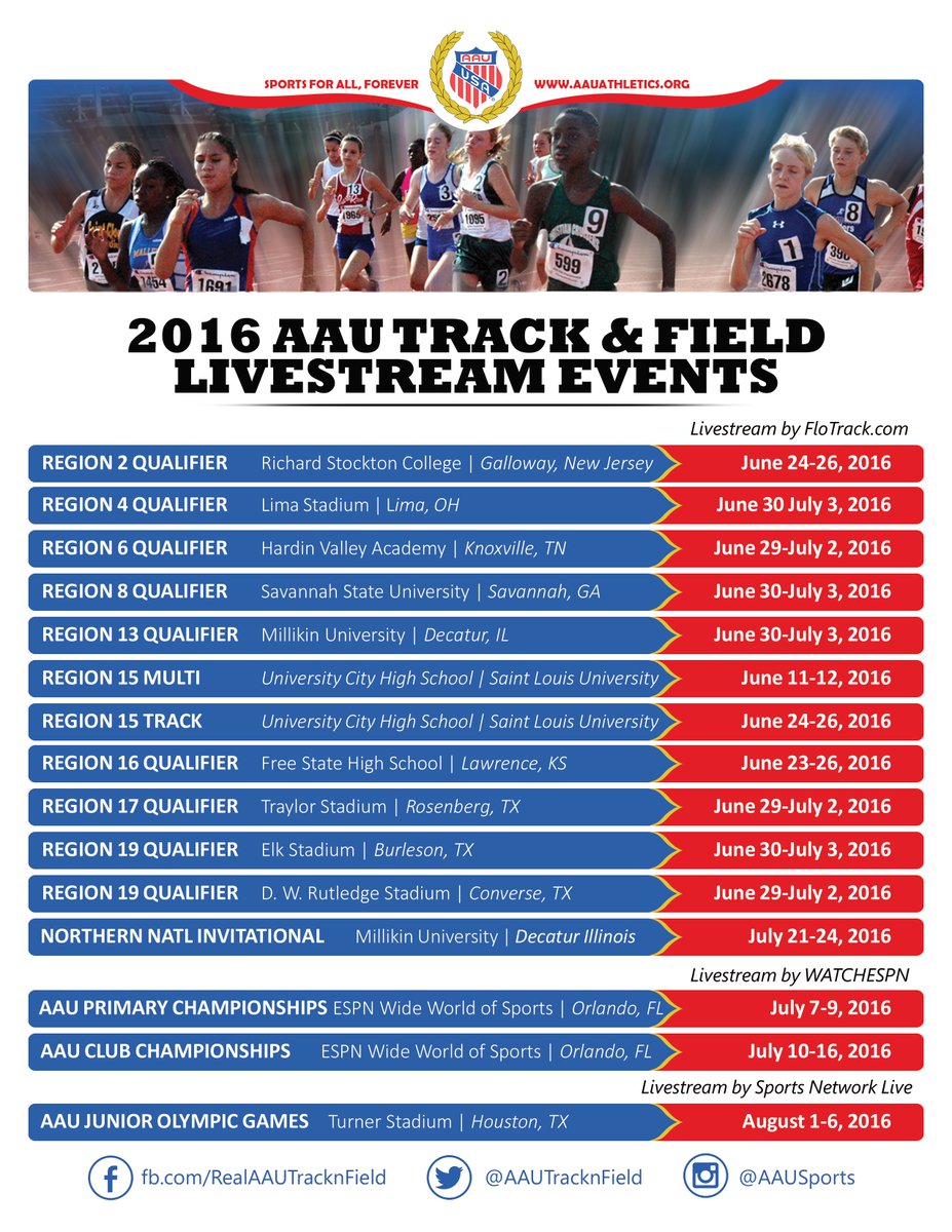 AAUTrackNField's tweet image. Check out this year's #AAU Track and Field events that will be live streamed! #WeAreAAU