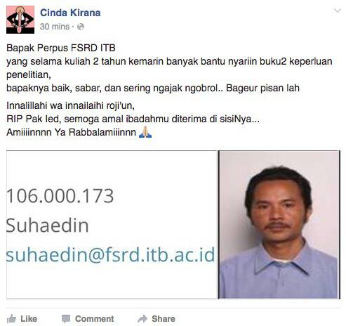 Innalillahi wa inna ilaihi raji’un..telah berpulang Pak Suhaedin,yang bekerja di Perpustakaan FSRD ITB