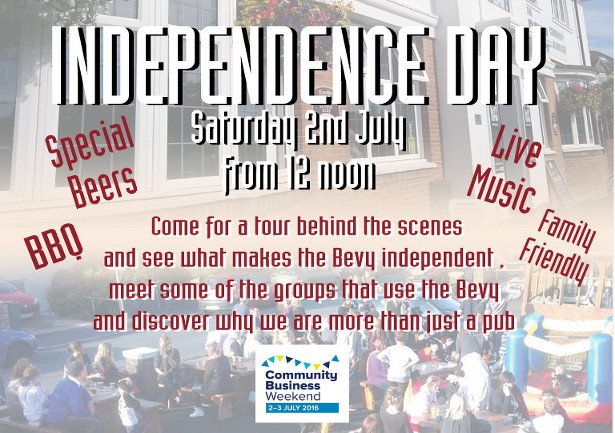powertochange_'s tweet photo. No.1 #Cbwkd16 event is community pub @thebevy 's 'Independence Day' 2 July, beers, BBQ & live music! #5events https://t.co/P9f5i6zn3a