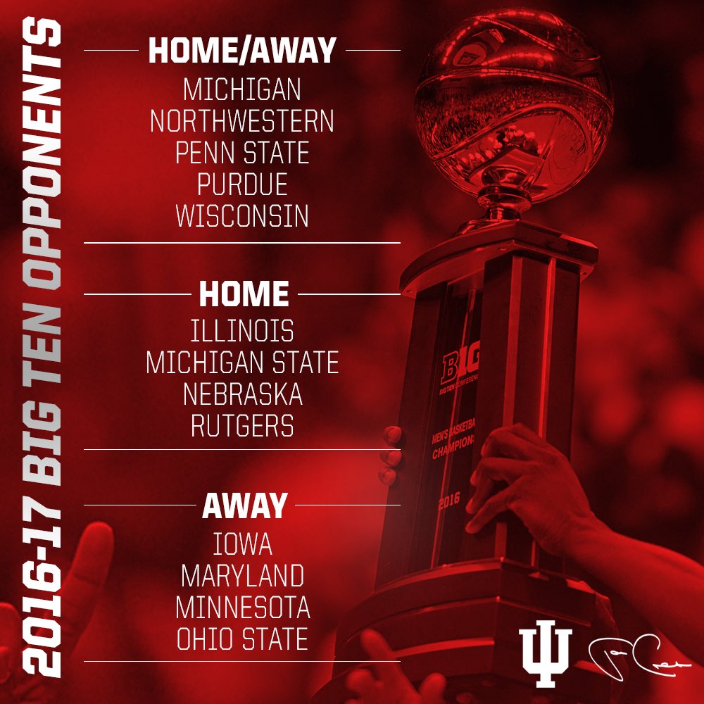 IndianaMBB's tweet photo. The path to a title defense. 

Big Ten home and away opponents next season. #iubb https://t.co/Nlf4zaG6OR