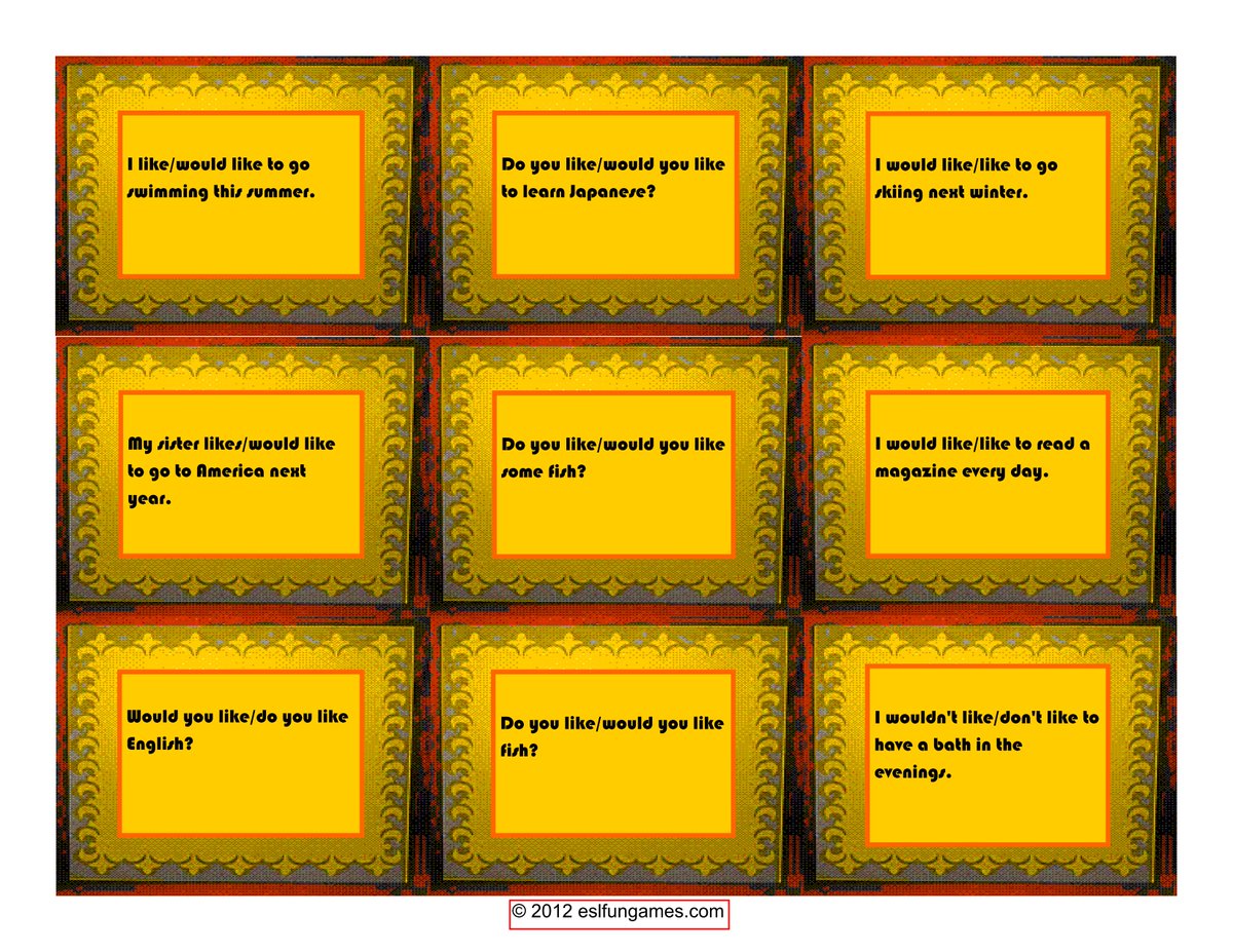 ESLFunGames2016's tweet image. Download Like vs Would Like Card Game Free Sample at:  eslfungames.com