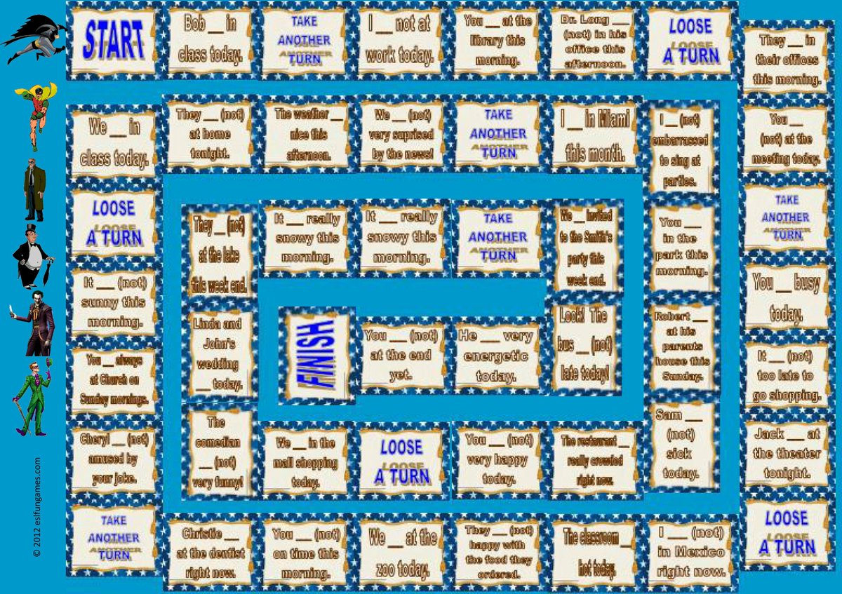ESLFunGames2016's tweet image. Download Present Simple Verb Be Statements Batman Interactive Board Game Free Sample at:  eslfungames.com