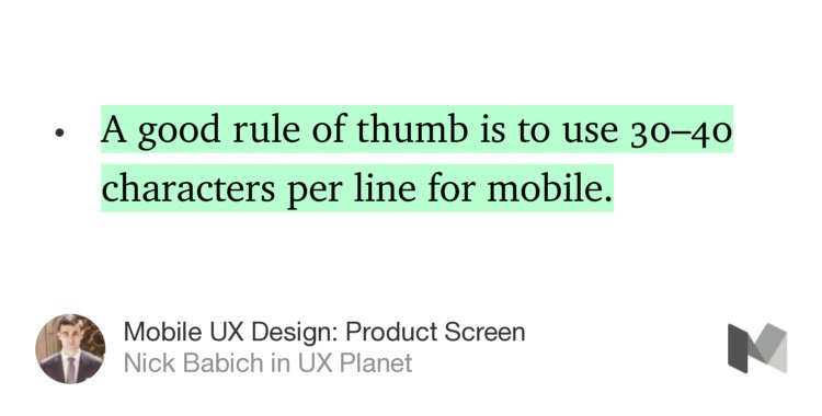 m_a_casey's tweet photo. “A good rule of thumb is to use 30–40 characters per line for mobile.” — @101babich https://t.co/BAav6oZI0y https://t.co/GW0Sehomaj
