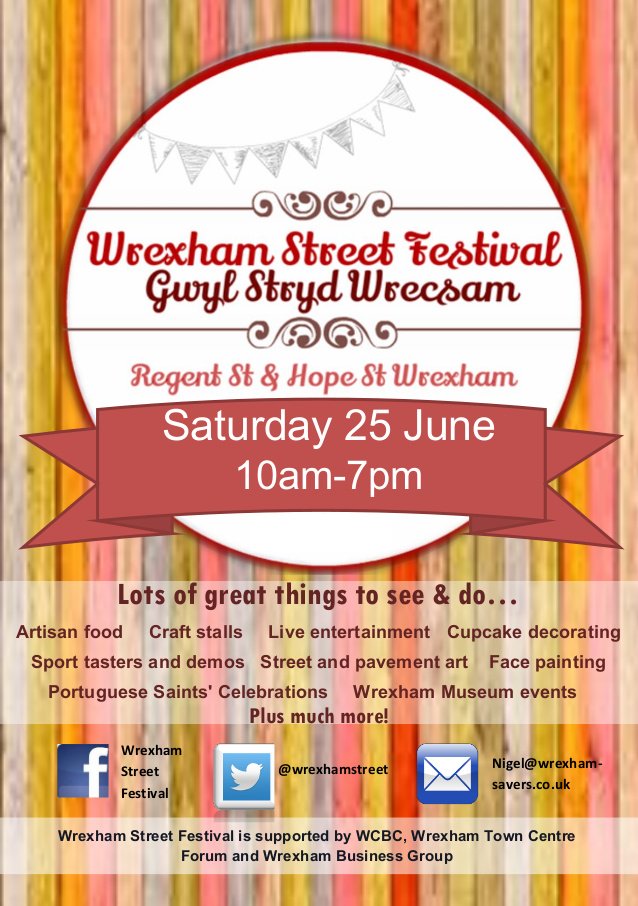 Join us at <a href="/WrexhamStreet/">Wrxm Street Festival</a> this Saturday. Supported by <a href="/GlyndwrUni/">Wrexham Glyndwr University</a>. Food/craft stalls, entertainment and much more