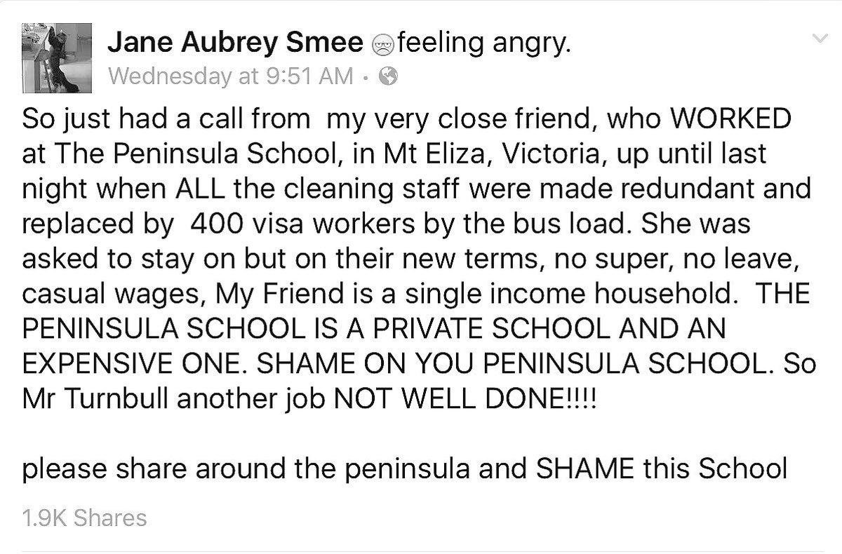 adventurensw's tweet photo. #Melbourne school ditches cleaners for casuals &amp; #457visa workers The Peninsula School #ausvotes #auspol #springst https://t.co/c3jZ7fB5MO