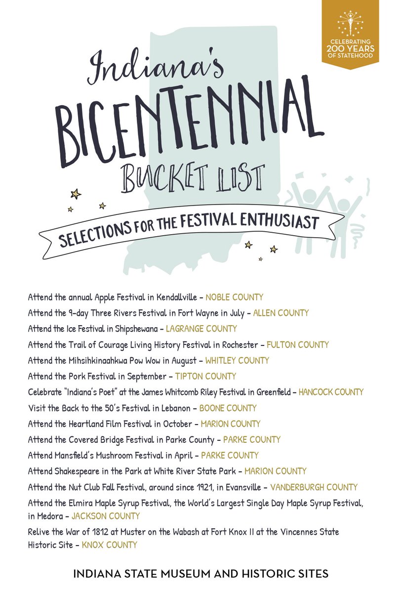 IndianaMuseum's tweet photo. Enjoy visiting Hoosier festivals? Be sure to mark items off of your Bicentennial Bucket List! #ISM200 https://t.co/yxYQh4D9DA