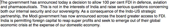 SitaramYechury's tweet photo. This FDI announcement is not in India's interests and raises serious questions about our sovereignty #CCStatement https://t.co/WoX5awO9gR
