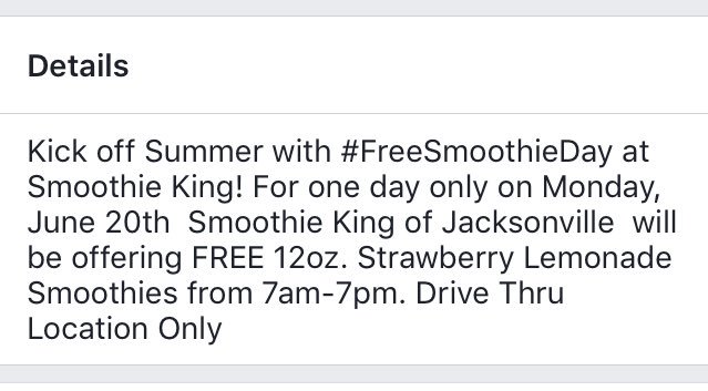 MamsTo2plus2's tweet photo. PSA: for my Jacksonville ladies, it's #FreeSmoothieDay at Smoothie King. ☀️ https://t.co/359ifYm1FP