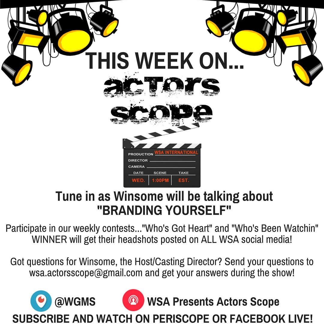 WSACasting's tweet photo. Tune into #ActorsScope this Wednesday @1pm EST for industry advice from @wgms it will be the #Best30minofyourWeek https://t.co/XXtxs00feM