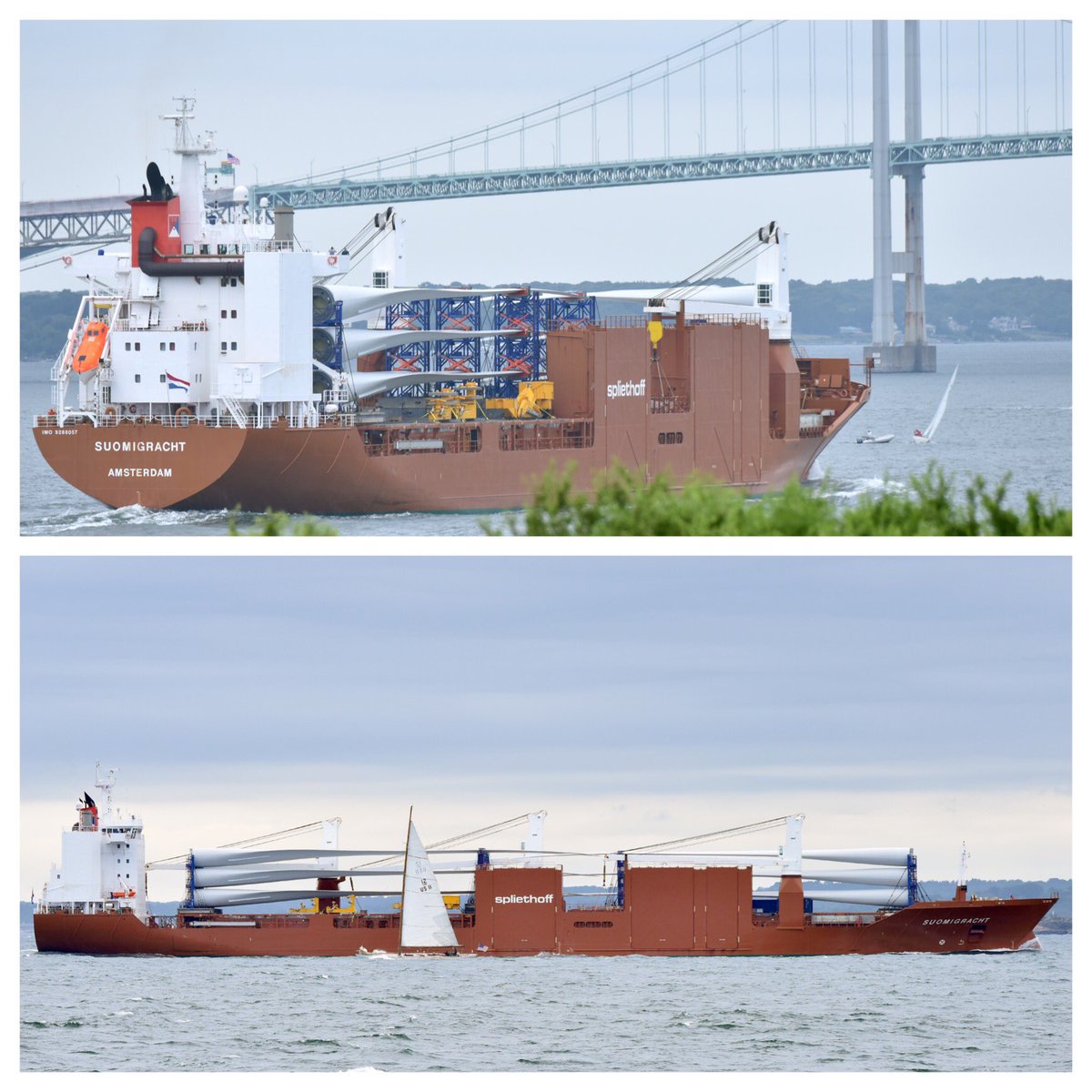 MeaghanWims's tweet photo. #JourneytoFirst continues: @DeepwaterWind Block Island Wind Farm blades arriving, shown here on Narragansett Bay https://t.co/rYKQxHx9uo