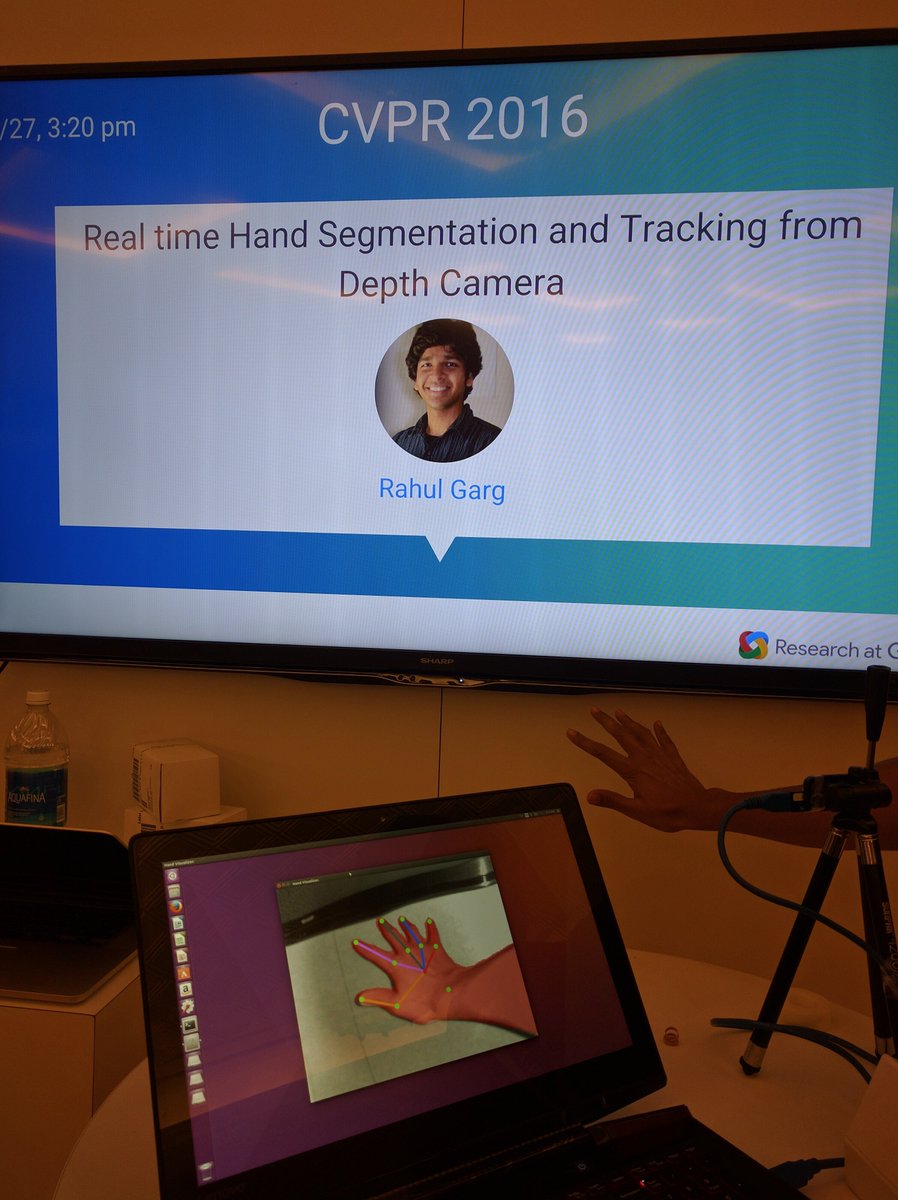 GoogleAI's tweet photo. "Real-time Hand Segmentation and Tracking from Depth Camera" with Rahul Garg, at the Google booth at 3:20 #CVPR2016 https://t.co/26hT94pi4b