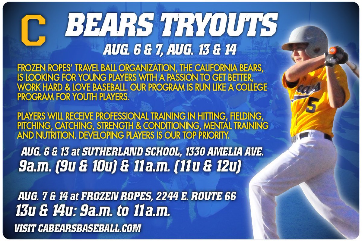 ThePitUpland's tweet photo. Bears tryouts are happening this August!
#FRGlendora #FrozenRopes #CABears https://t.co/jwctdYW0X3