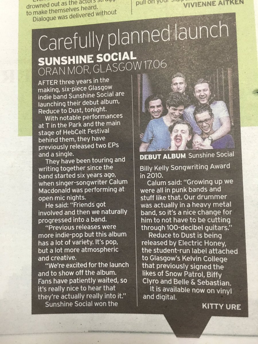 Kitty_Ure's tweet photo. Small piece I wrote in Friday's @Daily_Record about the talented @sunshine_social, hope the album launch went well https://t.co/zHSkuechwa