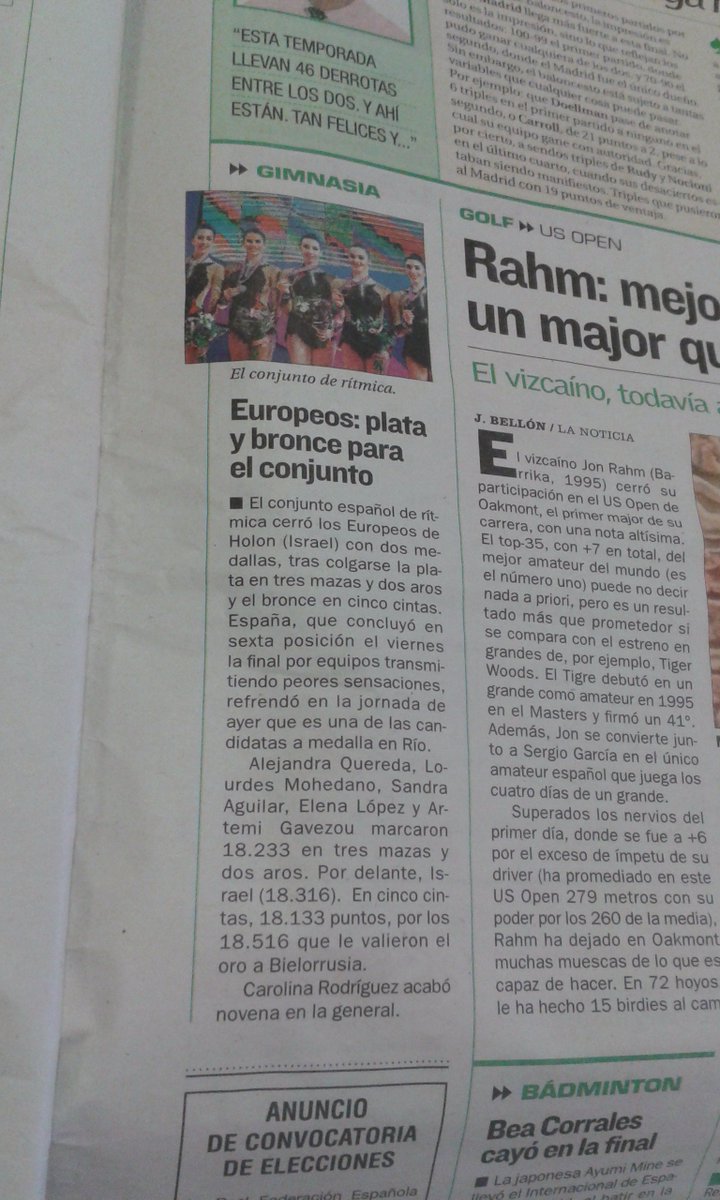 icorvilud's tweet photo. Llueven medallas @SpanishGroupRG #ECHolon2016 #equipaso #Enhorabuena #RumboaRio 1 columna penútlima página humilla https://t.co/bOfpA6W54j