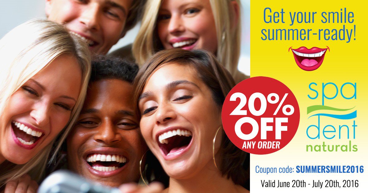 SpaDentNaturals's tweet photo. Happy #FirstDayOfSummer! Get your smile summer-ready with a 20% OFF coupon! https://t.co/wyTw6AJWFT  #teethwhitening https://t.co/11G8slapxC