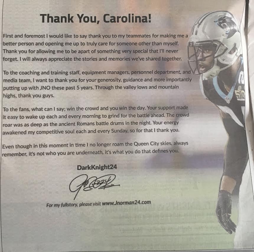SidelineMike_'s tweet photo. ICYMI: Josh Norman took out a full page ad in the CLT newspaper to thank Carolina and the fans!

#TheDarkKnight https://t.co/67JUzZqS4v