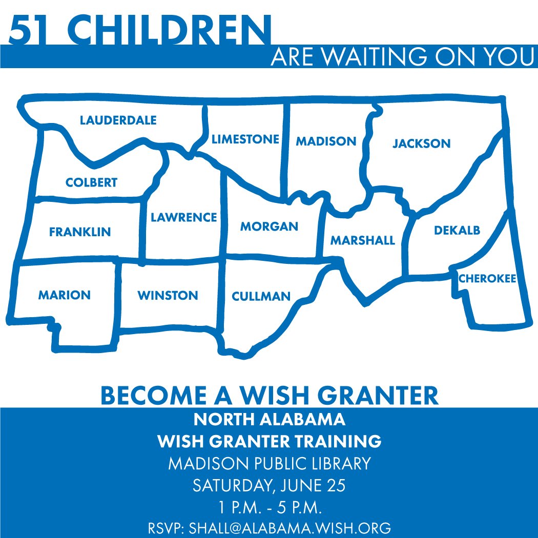 MakeAWishAL's tweet photo. Become a Wish Granter this Saturday! RSVP so we can save you a seat! #MakeAWishAL #Volunteer https://t.co/o4uP88wkVw
