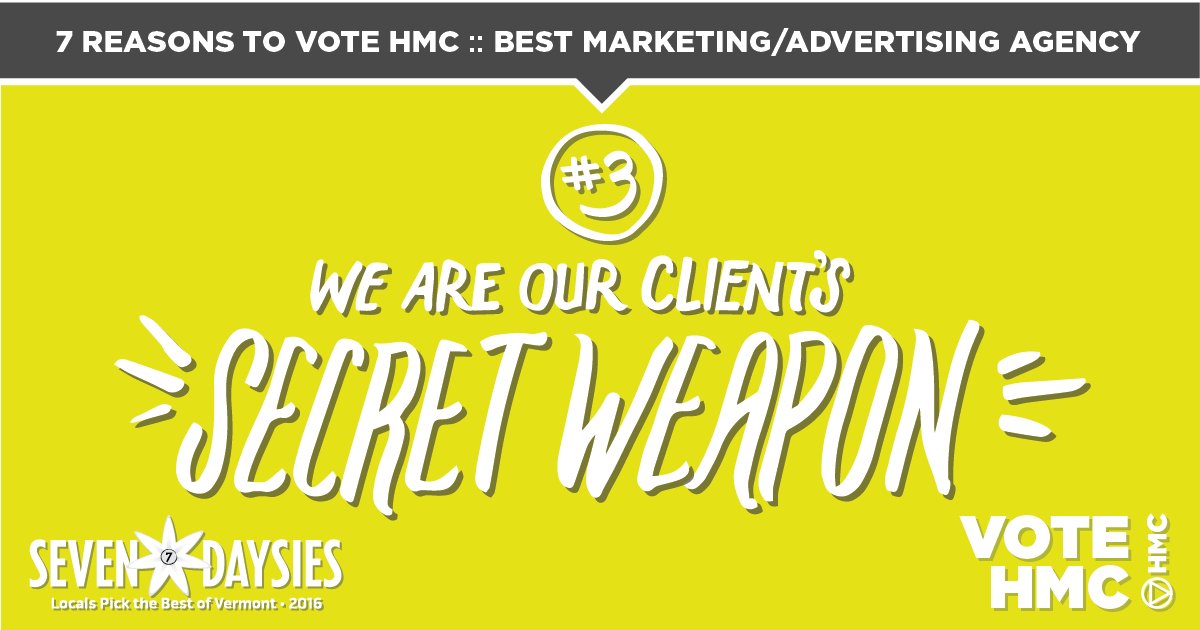 WeAreHMC's tweet photo. Vote HMC in @sevendaysvt Daysies! https://t.co/biDpYXCN03 Why? We unleash our clients' potential. #BTV #VT https://t.co/qb9oNeVjfz