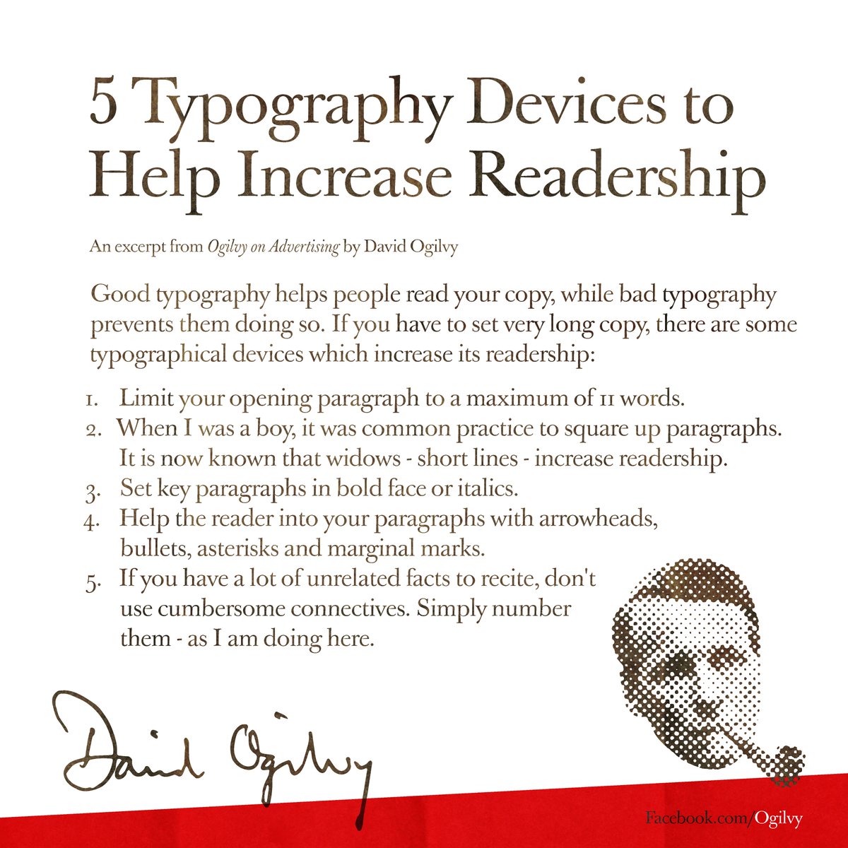 Ogilvy's tweet photo. 5 Typography Devices to Help Increase Readership - by David Ogilvy 

Tips for #CannesLions #OgilvyCannes https://t.co/9hfCbpoZRr