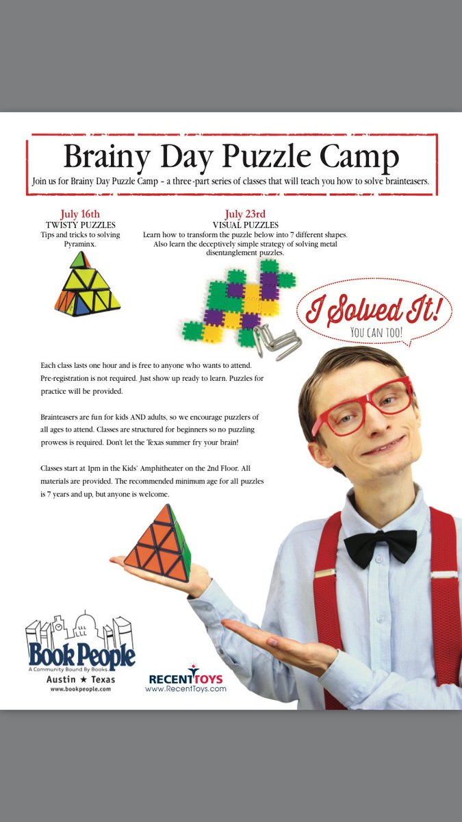 recent_toys's tweet photo. Hey #Austin! Looking for some brainy summer fun? Check out our #brainydaypuzzlecamp
   @BookPeople  #shoplocalatx https://t.co/LBLtwpG1W3