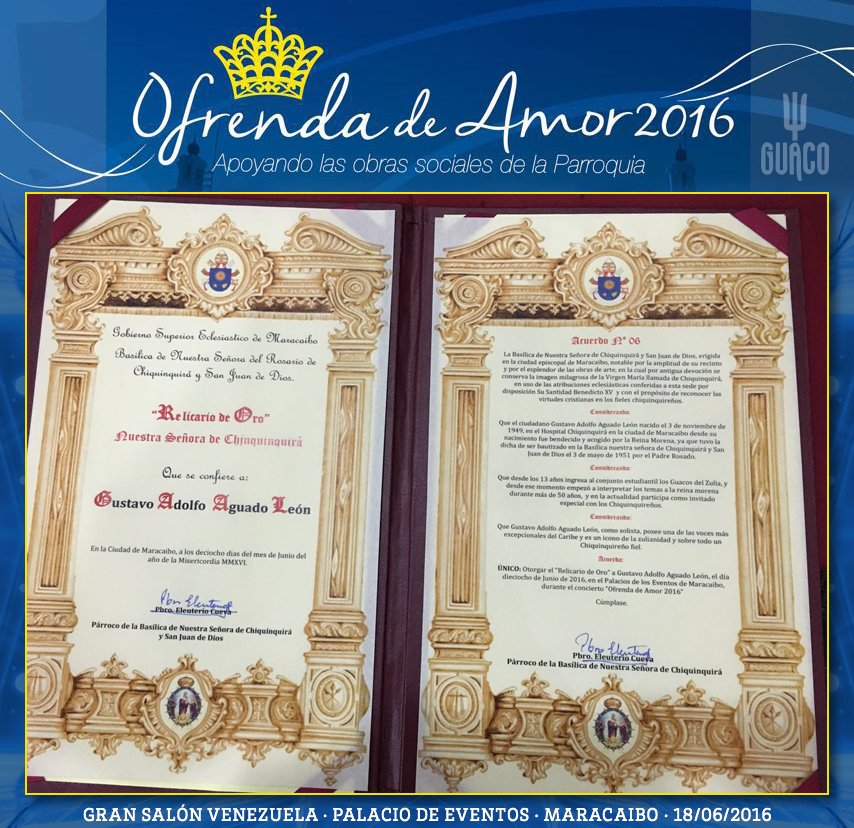 OficialGuaco's tweet photo. #OfrendaDeAmor2016→ «Relicario de Oro» Nuestra Señora de Chiquinquirá  conferido a Gustavo Aguado ← ¡Pura felicidad! https://t.co/tGPSwdz2ZM