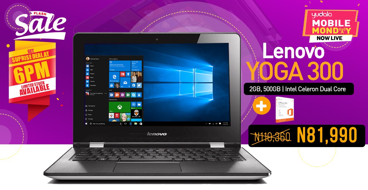 KongaPay's tweet photo. Get the sleek Lenovo Yoga 300 laptop at a whopping N28,370 OFF in #YuMobileMonday #FlashSale https://t.co/nevsRq1Ukj https://t.co/4oQ4rcydqL