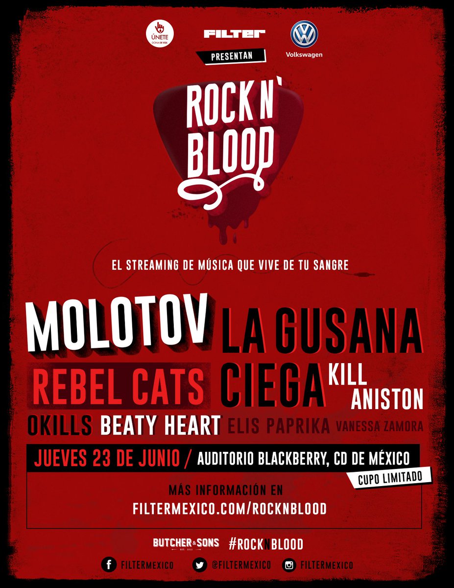 donaenvida's tweet photo. Con el apoyo de @FILTERMexico🎶 @Volkswagen_MX, y @ButcherandSons ¡presentamos #RockNBlood 💉🎸 en @AuditorioBB! 🙌🏻 https://t.co/oMMNEhGLQP