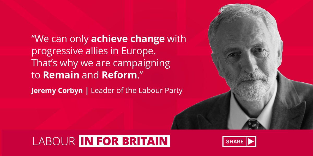 UKLabourIN's tweet photo. We can only achieve change in the EU if we vote to Remain and reform, says @jeremycorbyn. RT if you agree #InOrOut https://t.co/2uxxKnu5A0