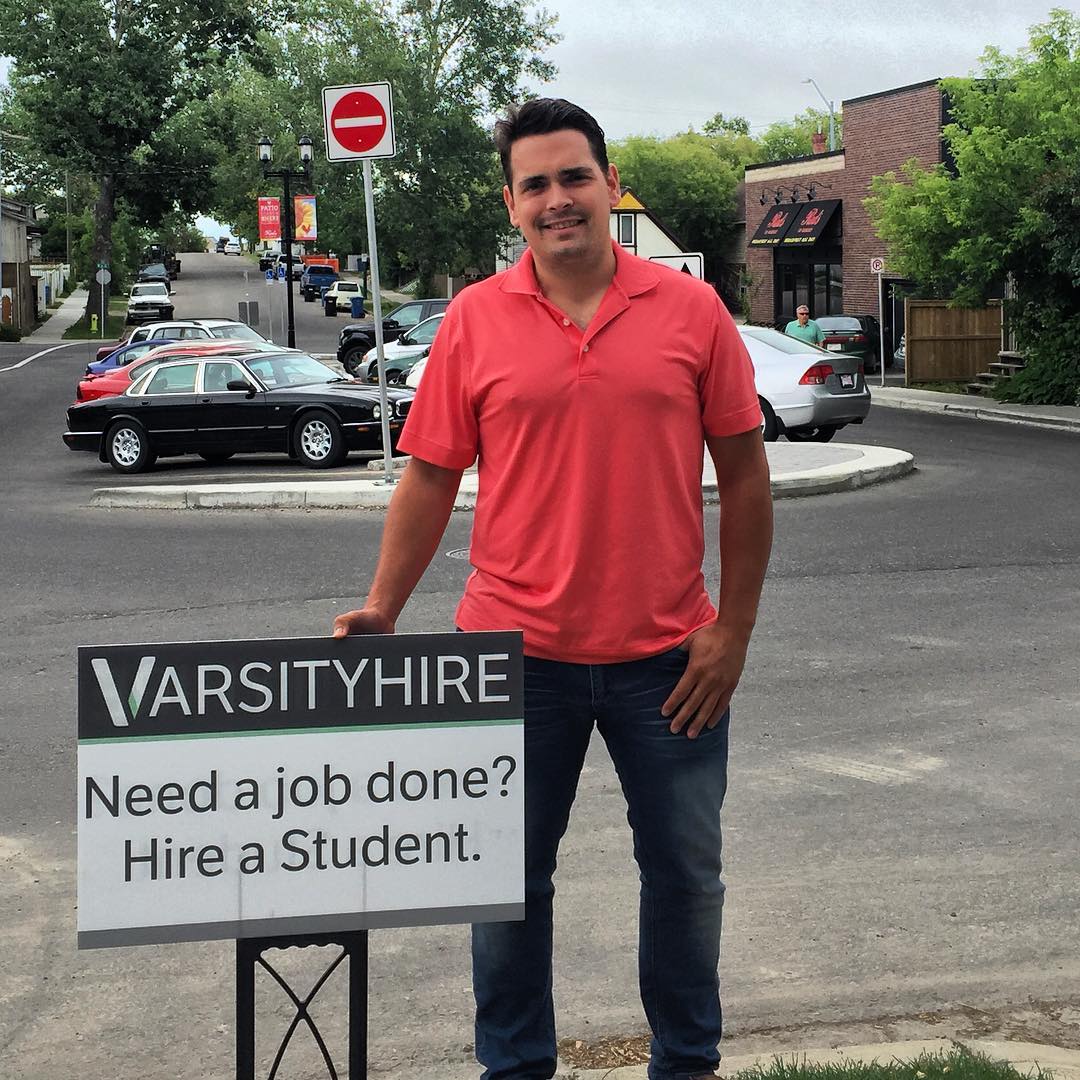 varsityhire's tweet photo. Need a job done? Hire a student. Here is a look at one of our roadside signs you'll be seeing all over the city #YYC https://t.co/LBWbgnIe35