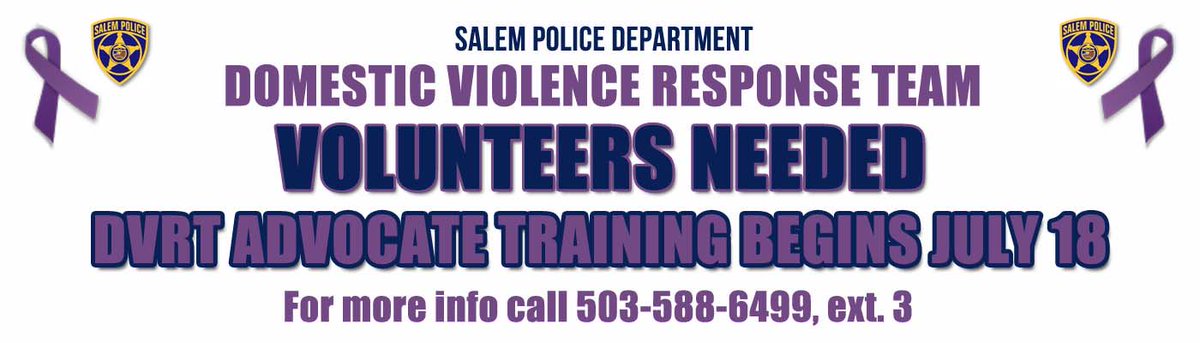SalemPoliceDept's tweet photo. Seeking volunteer advocates for the Salem Police Domestic Violence Response Team. Call 503-588-6499, option 3. https://t.co/S2CvIMdaim