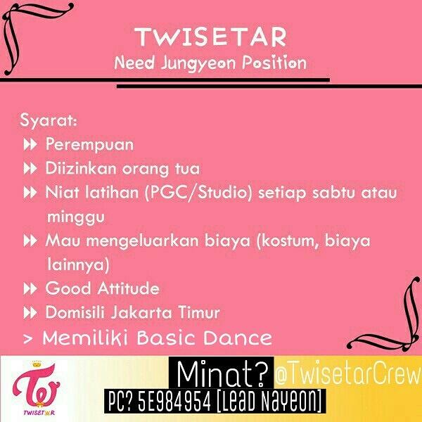 @Unicorns_OFC [HELP RT] Hi! We are Twisetar, Need Jungyeon Position. Minat? PC BBM or Mt @.TwisetarCrew