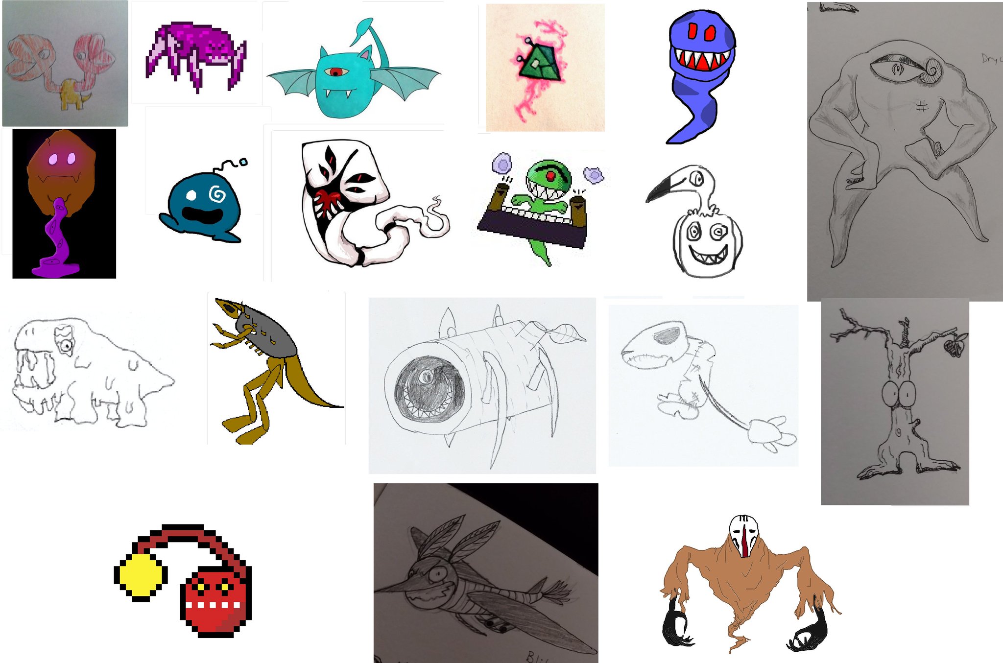 The various monsters submitted by fans as part of the art contest.