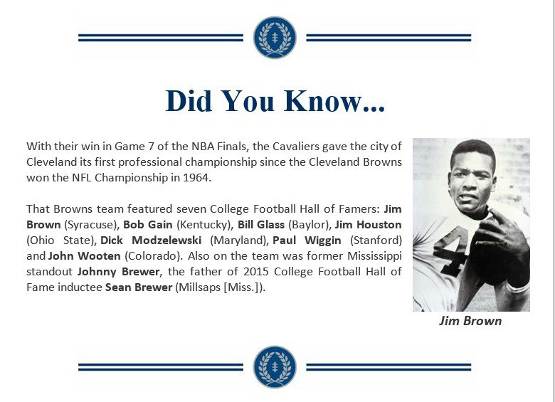 NFFNetwork's tweet photo. Congrats Cleveland on 1st title since @Browns did it w/ 7 College Football Hall of Famers in '64. https://t.co/GJcSTW39q1
