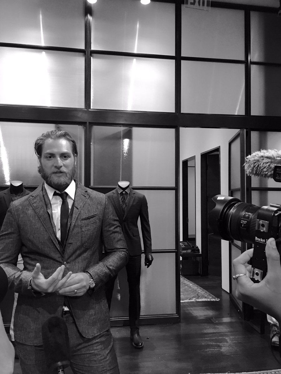 NHL's tweet photo. "It's edgy. It's rock." -Braden on his #NHLStyle and why he prefers @johnvarvatos suits. #NHLAwards https://t.co/Fv1jnawz4b