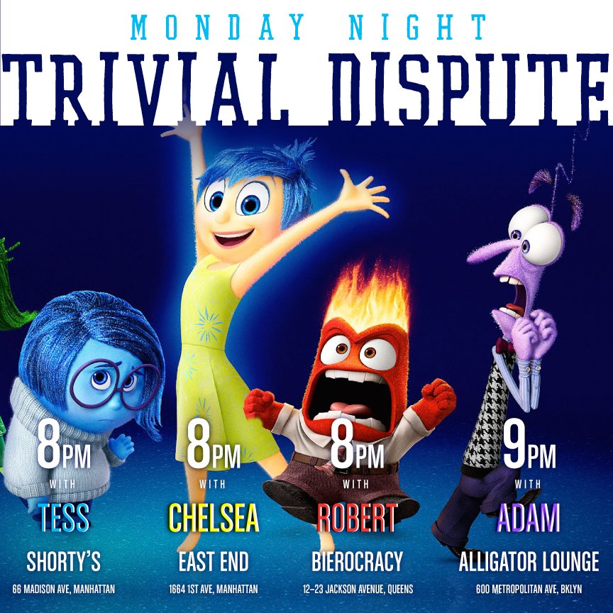 4x the Trivia tonight! 8 at <a href="/eastendbar/">East End Bar & Grill</a>, 8 <a href="/ShortysTrivia/">Shorty's Trivia</a> Madison, 8 <a href="/Bierocracy/">Bierocracy</a> , 9 at <a href="/AlligatorLounge/">Alligator Lounge</a> !