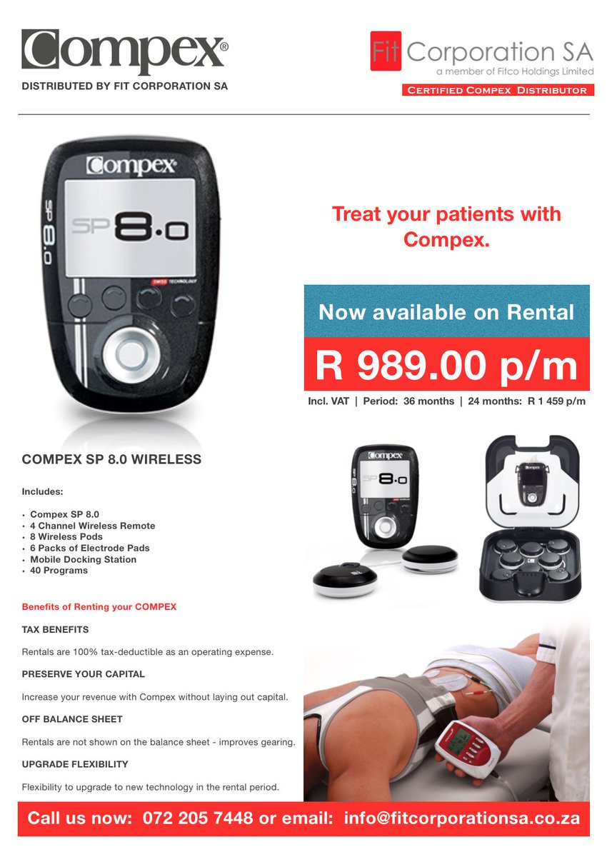fitcorp_sa's tweet photo. Get your #Compex #SP8.0 on contract for only R 989.00 per month. Email: info@fitcorporationsa.co.za https://t.co/nqEVMCLFHr