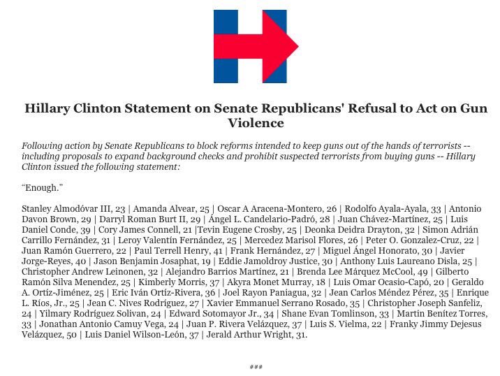 winterthur's tweet photo. RT @girlsreallyrule
Statement by @HillaryClinton on #murphyamendment. #DisarmHate https://t.co/1Ax3saZN54
https://t.co/gHvyRF0oC7