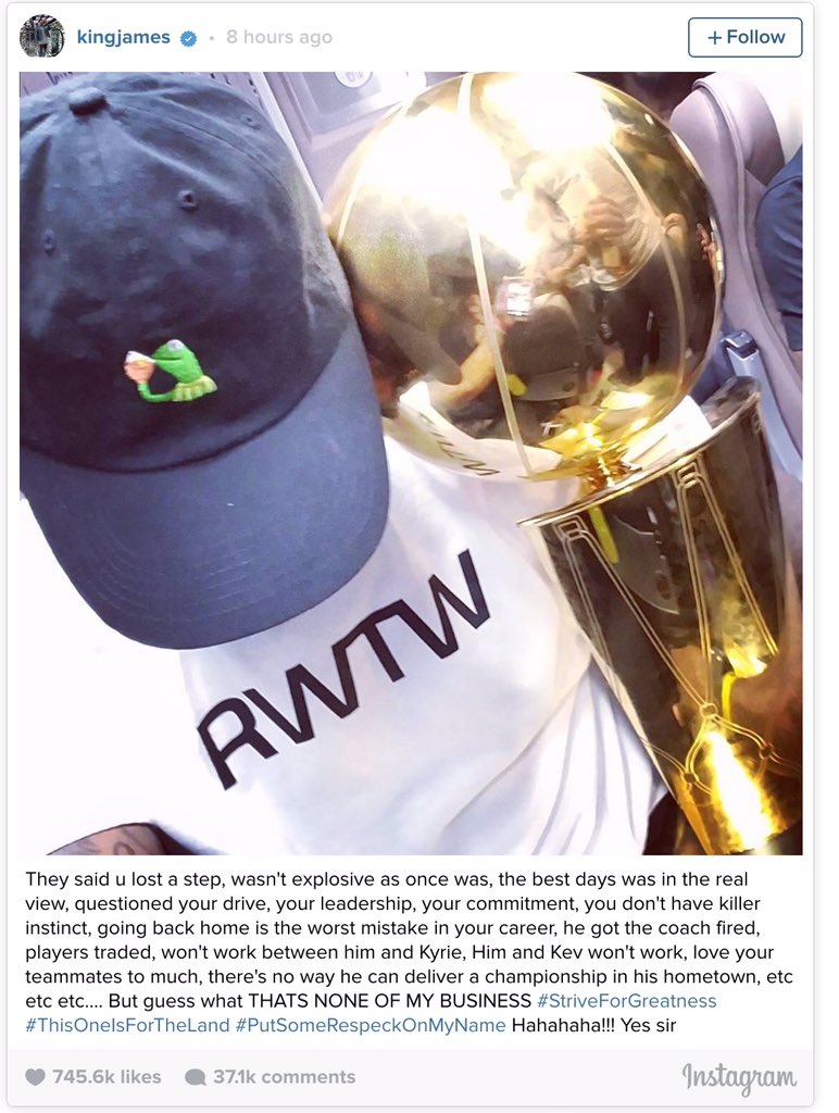 Tha_longway's tweet photo. "@Rachel__Nichols: LeBron has clearly been waiting a couple years to write this Instagram post ☕️🐸 https://t.co/dTnLReE4ki"