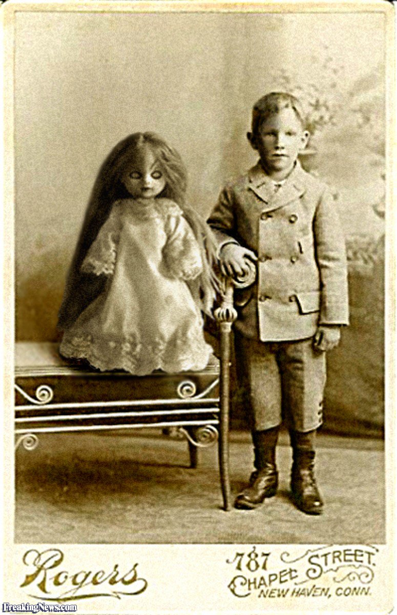 DrEinsteinsDog's tweet photo. #Spooky old pic 5: Sister Spirit doll and young boy. #vintagephoto #magicdoll #scarydoll https://t.co/MsIa3Nof2b