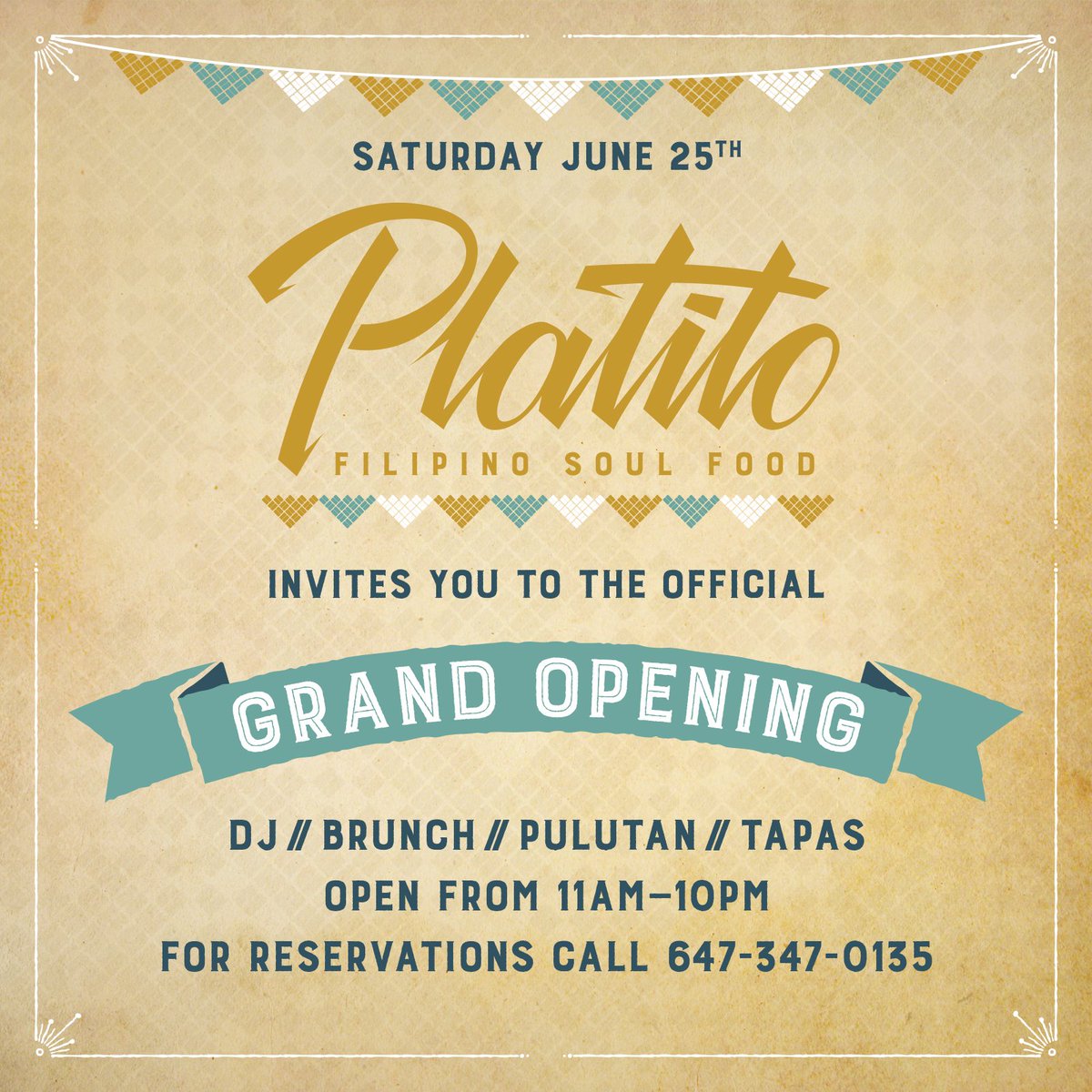 Join us this Saturday as we celebrate our official GRAND OPENING! Brunch: 11am-4pm, Tapas + Pulutan: 5pm-10pm!
