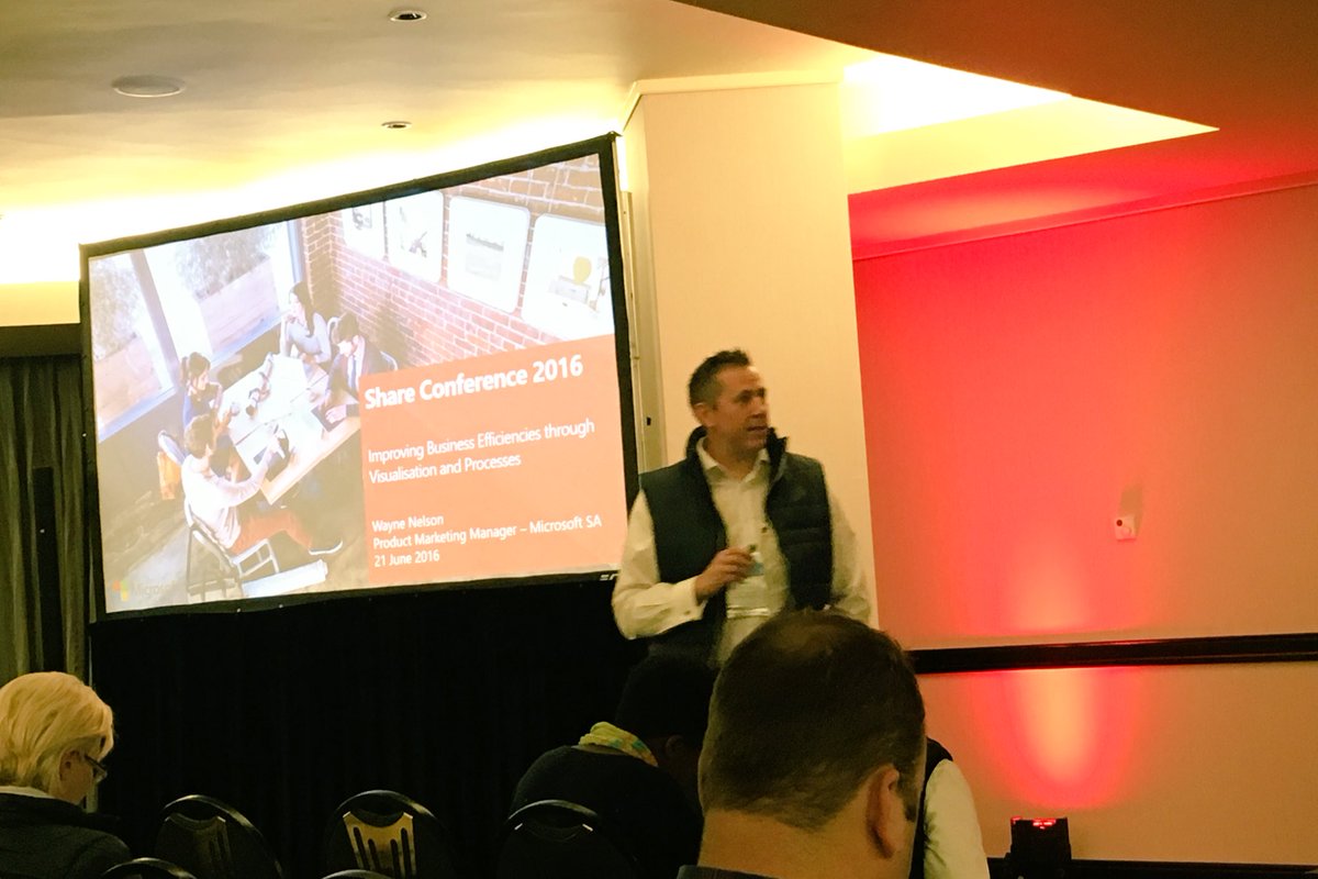 MicrosoftSA's tweet photo. .@waynel22 is talking about Business Efficiencies Visualisation & Processes at the #ShareConference #Share4Biz https://t.co/GX9MvK8Z8q
