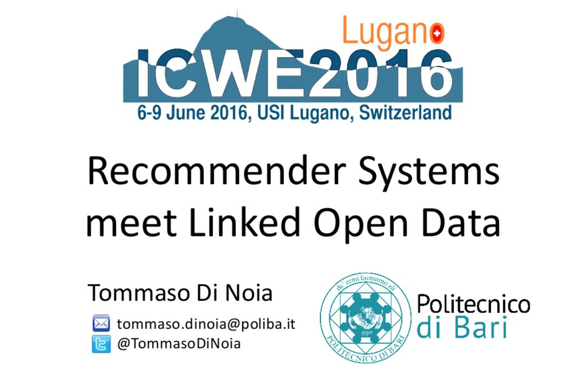TommasoDiNoia's tweet photo. Slides from my tutorial on "#recsys meet #linkeddata" @ICWE16 available online https://t.co/IKvu490G1u https://t.co/f6WwO1lDBw