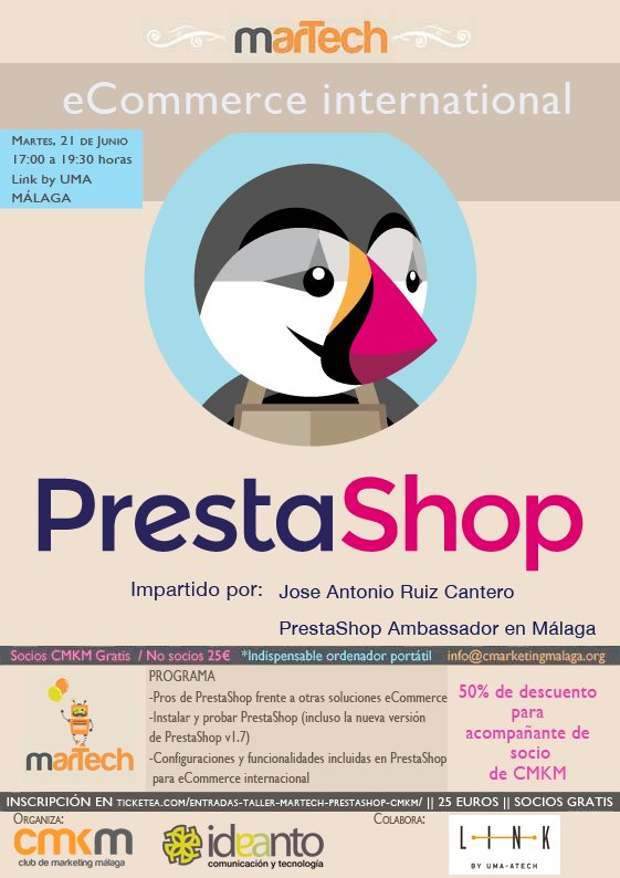 linkbyuma's tweet photo. Esta tarde tenemos MARTECH by @CMMalaga ¡Aun estás a tiempo de apuntarte! #UmaLink #Marketing #PrestaShop https://t.co/kIFWM7UEoT