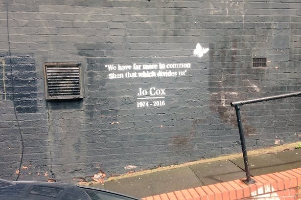 junesarpong's tweet photo. Beautiful piece of street art in Birmingham inspired by the unifying message of Jo Cox. #MoreInCommon #RIPJoCox https://t.co/lMK1D0KKC8