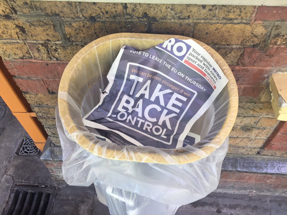 simonjhix's tweet photo. Just saw 2 guys angrily tear off Vote Leave frontpage advert of @MetroUK! Getting feisty! https://t.co/eqlSs0cAhX