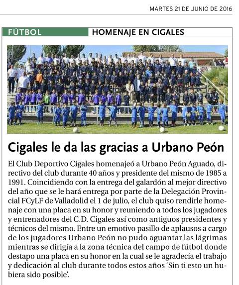 TurismoCigales's tweet photo. El @DiadeValladolid pública hoy en sus páginas deportivas la foto del @cdcigales1967 en el homenaje a Urbano Peon https://t.co/BftBgvcPtO